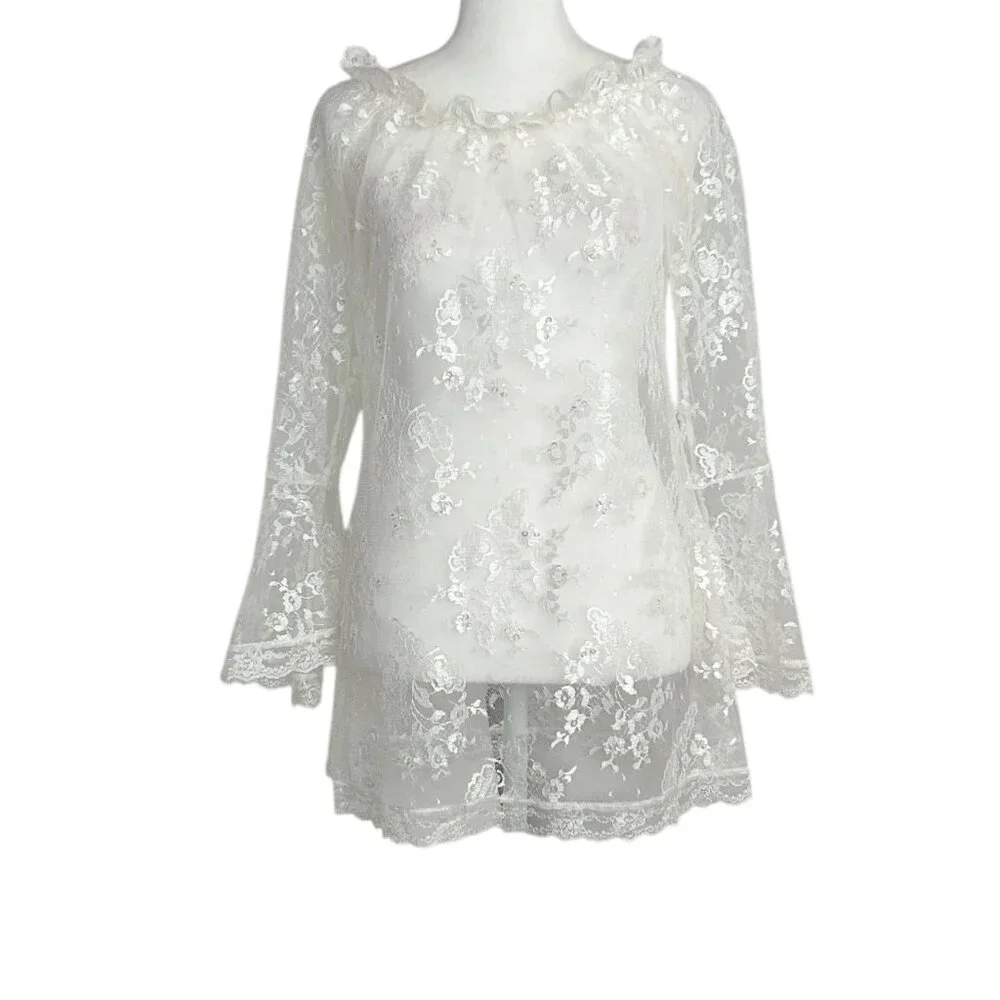Victoria's Secret Y2K White Sheer Lace Bell‎ Sleeve Ruffle Nightie Lingerie (S)